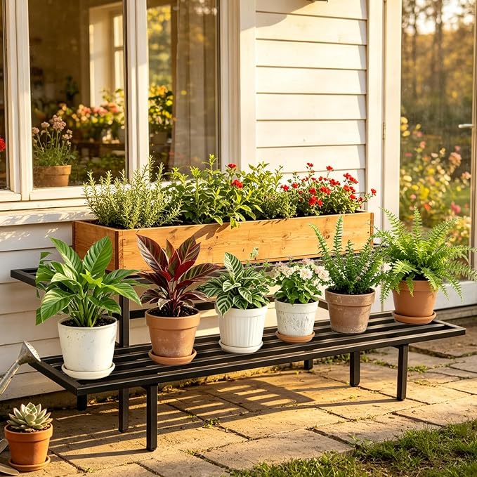 Heavy Duty Plant Stand Outdoor Indoor, Large Metal Plant Stand 48" L x 10" W x 12" H Outdoor Plant Stands 2-Tier Flower Pot Stand 500 LBS Capacity for Patio Garden