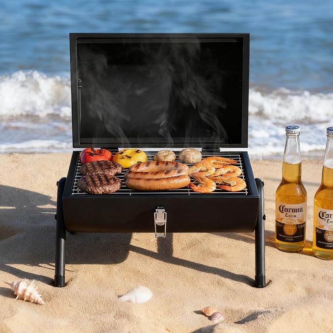 Royal Gourmet CC1015W Portable Charcoal Grill, 147 sq. in. Cooking Grid, Wooden Handle, Tabletop BBQ Grill for Outdoor Barbecue, Camping, Picnic, Backyard, Patio, Black