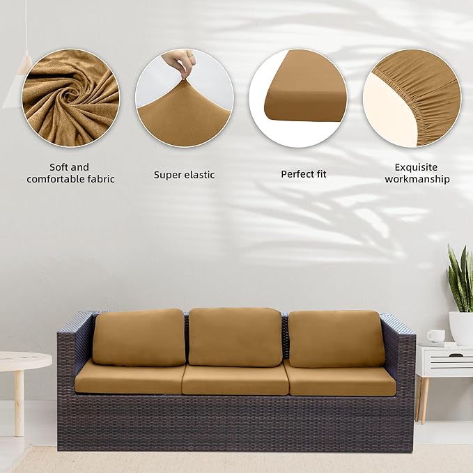 BIETYONE 8Pcs Stretch Patio Cushion Covers,Outdoor Couch Covers Replacement,Outdoor Couch & Sofa Slipcovers,for Patio Furniture Cushion Covers,Washable Reusable urniture Protector (Camel, Cover Only)