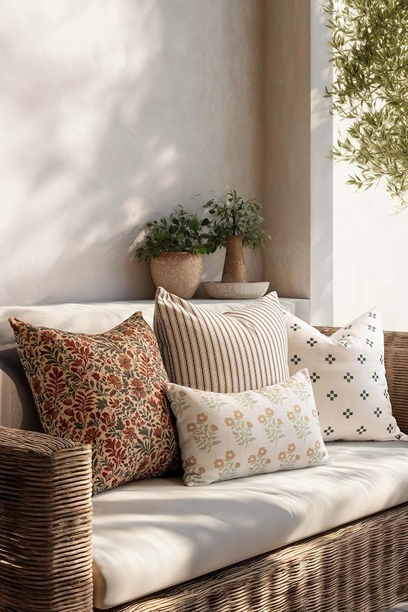 Crumbs Home Modern Farmhouse California Casual Indoor Outdoor Lumbar Pillow Cover, 12"x20" Water Repellent for Patio, Backyard, Couch, Poolside, Ivory Cream Tan Green Print Block Painting Flowers