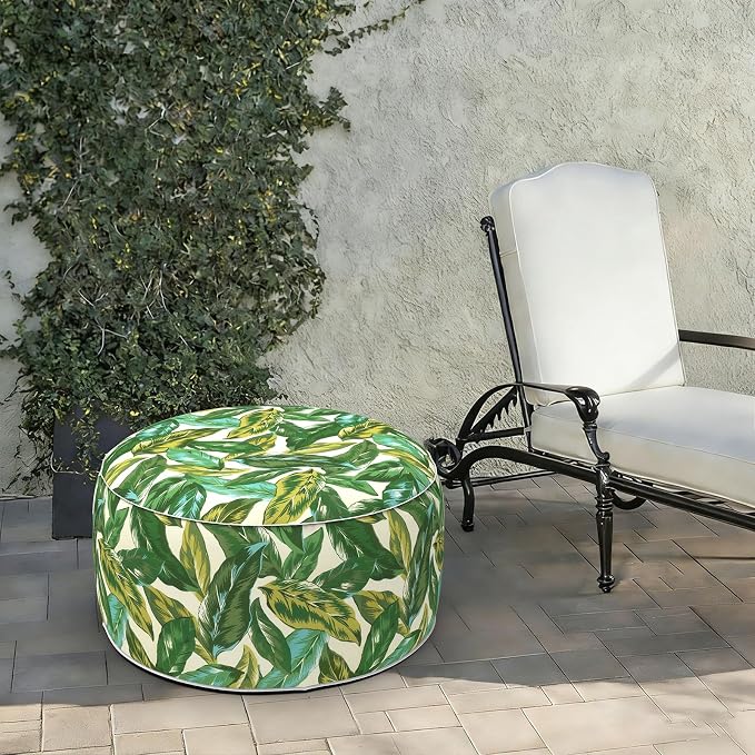 LVTXIII Indoor/Outdoor Large Inflatable Ottoman Pouf D31 x H14 Inch, Round Footstool with Handle, Weather-Resistant Portable Furniture for Patio, Camping, Beach, Lush Leaf Jungle