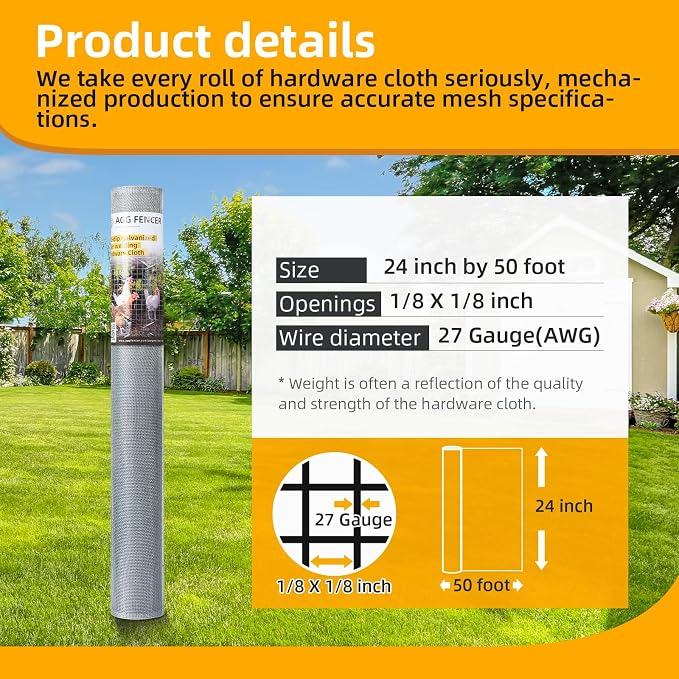 24in x 50ft Hardware Cloth 1/8 inch 27Ga Hot Dipped Galvanized After Welding, Chicken Coop Wire Fence, Welded Metal Fencing Roll Mesh for Bee Screen Garden Plant Poultry Animal Netting Cage