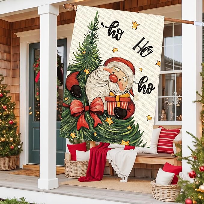 Christmas Tree Santa Claus Welcome House Flag 28x40 Inch Double Sided, Xmas Holiday Winter Burlap Large Yard Flag Farmhouse Flags Seasonal Patio Outdoor Outside Decoration