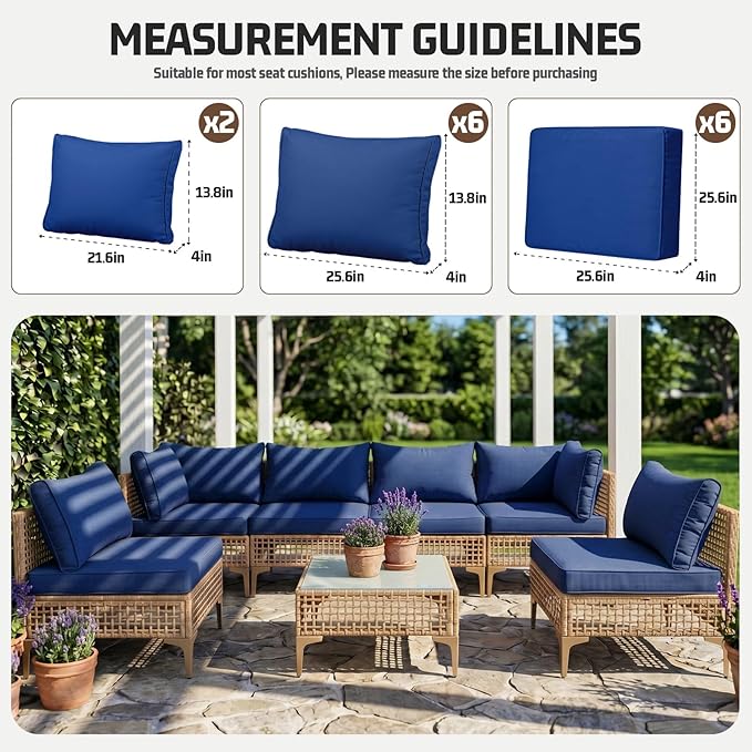 14pcs Outdoor Patio Cushion Covers Replacement, 25.6" Zippered Outdoor Cushion Covers Waterproof, UV Resistant & Washable Patio Furniture Cushion Covers Waterproof for Patio Sectional, Navy Blue