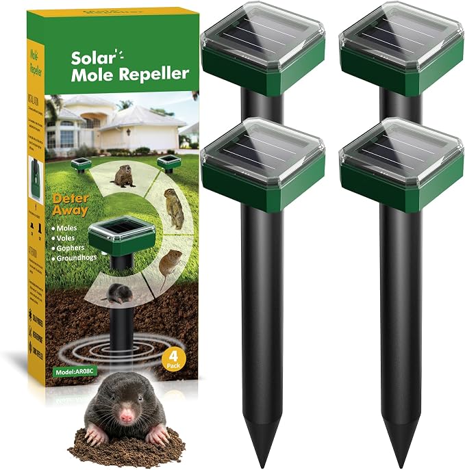 4 Packs Solar Mole Repellent, 2026 Upgraded Ultrasonic Gopher Deterrent Stakes, IP65 Waterproof Sonic Vole Groundhog Snake Control for Lawn Garden Yard Farm