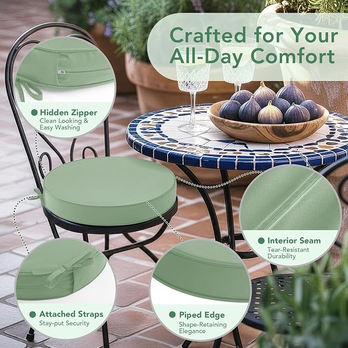 Summsun Outdoor Bistro Chair Cushions Set of 2, 15" D x 3" H Round Chair Cushions Waterproof and Fade Resistant Chair Cushion Pads with Non-Slip Ties and Removable Covers for Garden, Sage Green