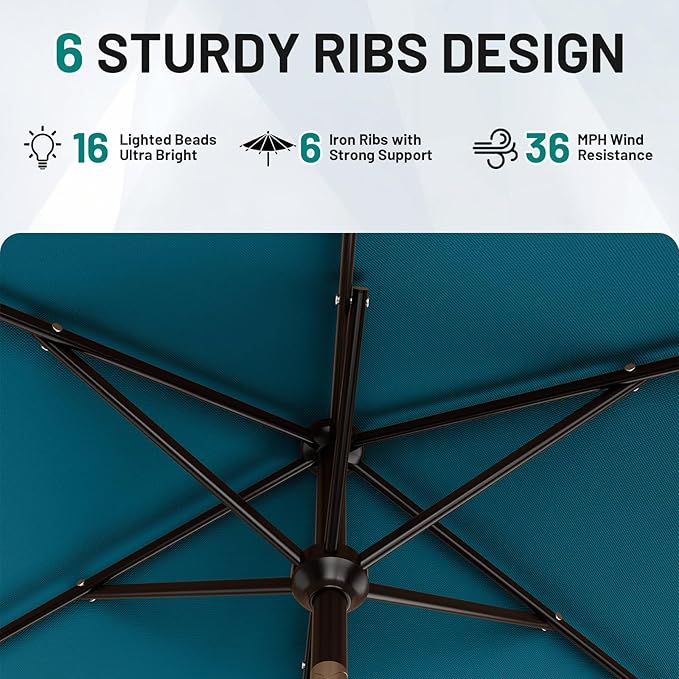 AreShark 6.5' x 10' Rectangular Patio Umbrella with Solar Lights, Solar Powered Lighted Market Umbrella w/Tilt and Crank, Outdoor Table Umbrella for Garden, Deck, Backyard, Pool and Beach, Lake Blue