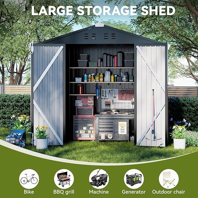 COMHOMA Shed Outdoor Storage Shed Metal,Lockable Doors Tool Sheds with Sloping Roof,Steel Garden Shed with Air Vent for Backyard,Patio,Lawn,Poolside (Grey, 6'x4')