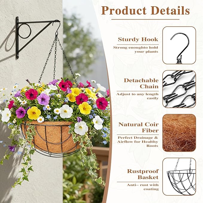 4 Pack Hanging Planter for Outdoor Plants 14 inch Metal Hanging Flower Basket with Coco Coir Liner Round Wire Plant Holder Chain Flower Pots Outdoor Garden Decoration Watering Hanging Baskets（DQ）