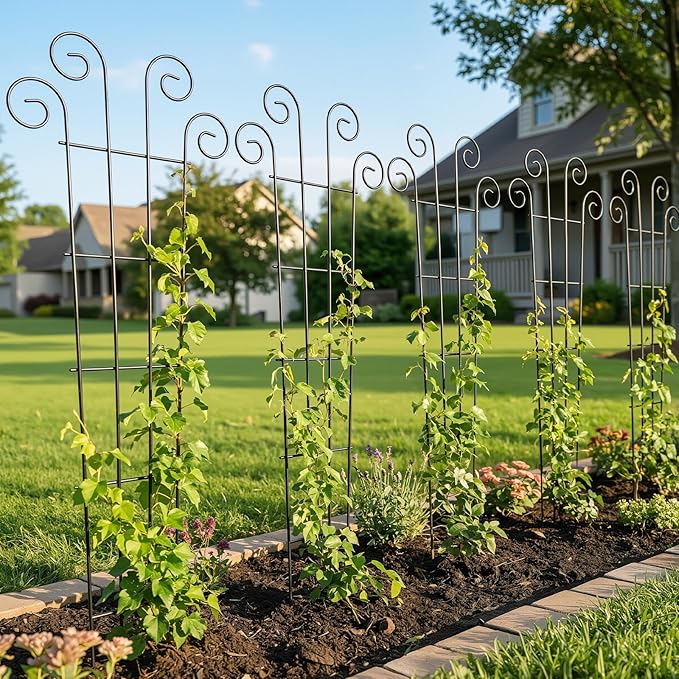 Thealyn 4 Pack 56 Inch Plant Trellis for Potted Plants, Metal Garden Trellis for Climbing Plants, Indoor Outdoor Decorative Vine Support for Pots, Wave Shape, Black