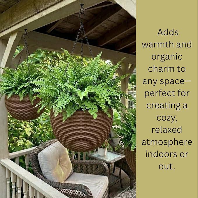 LaLaGreen Hanging Planters for Indoor Plants (11 Inch, 4 Pack) Brown Rattan Style Self-Watering Flower Pots with Water Level Indicator, Round Plastic Baskets with Metal Chain for Balcony, Porch Garden