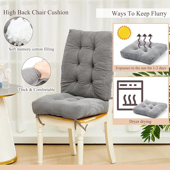Juexica 4 Set Outdoor Patio Chair Cushions Corduroy Seat High Back Tufted Pillow Replacement Rocking Patio Chair Pads for Outdoor Indoor Home Office (Gray)