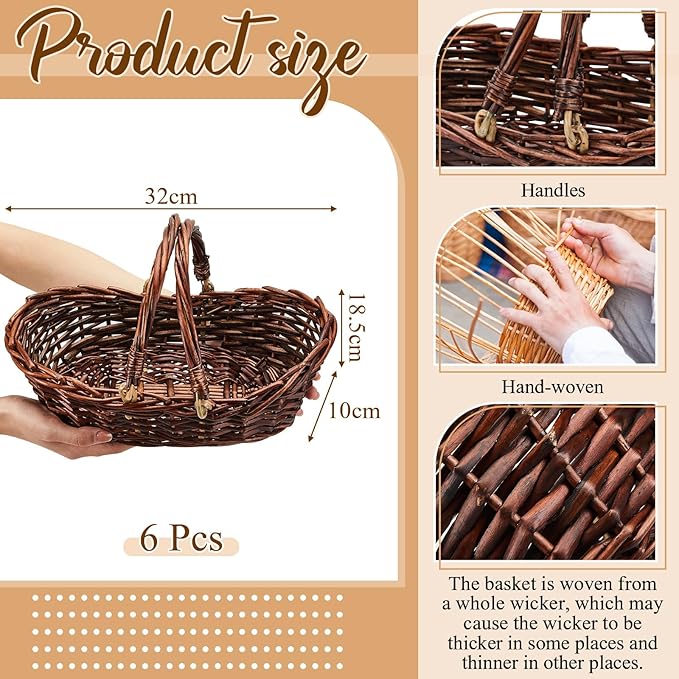 Sintuff 6 Pcs Wicker Picnic Basket with Handle Garden Harvest Empty Easter Eggs and Candy Basket Oval Willow Woven Storage for Organizing, Fruit Egg Storage Gathering Wedding Gifts (Dark Brown)