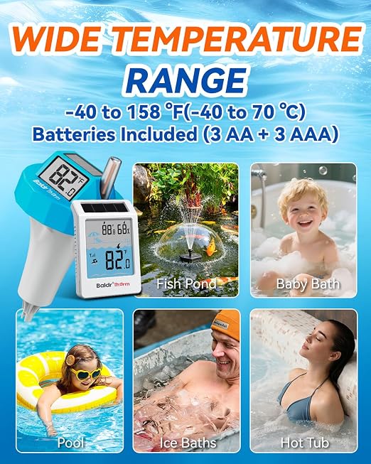 BALDR Wireless Pool Thermometer Floating Easy Read, 2026 Upgrade Solar Powered Water Temperature Gauge with Indoor Monitor, IPX8 Waterproof 500FT Range for Pools,Hot Tubs,Spas, Baths, Aquariums