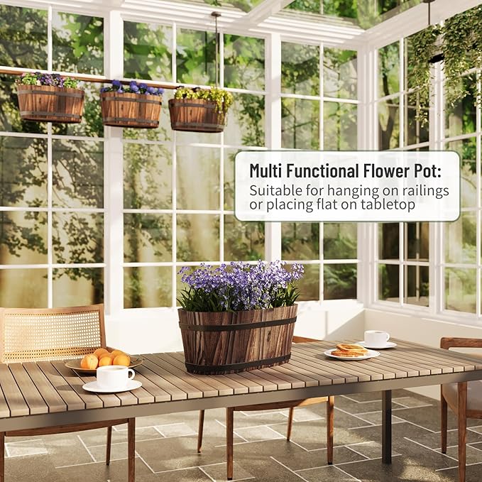 Hanging Wooden Flower Pots, Railing Planter for Any Balcony, Porch or Deck Countryside Style with Detachable Hooks for Garden Yard Home Decor (Carbonized)
