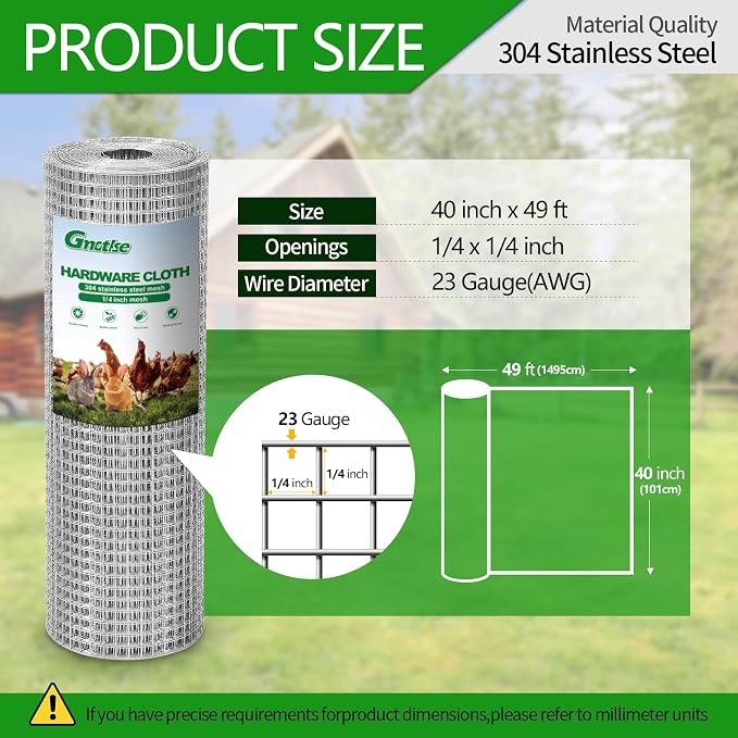 304 Stainless Steel Hardware Cloth 1/4" Large Size 23 GA 40in×49ft Roll | stainless hardware cloth 304 rust resistant heavy duty easy to cut