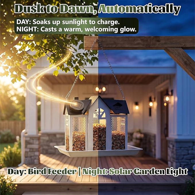 Solar Bird Feeder for Outdoors Hanging – Heavy Duty Metal Wild Bird Feeders with Solar Light & 5 Bird ID Cards – Chew Resistant Seed Feeder for Cardinal, Unique Gifts for Mom