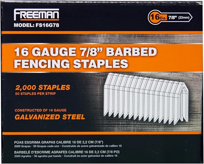 Freeman 16-Gauge Fencing Staples | 7/8" | Glue Collated | Galvanized Steel | 2000 Count | Indoor and Outdoor | Livestock Fences, Pet Enclosures, Heavy Mesh, Deer Prevention, and Farming | FS16G78