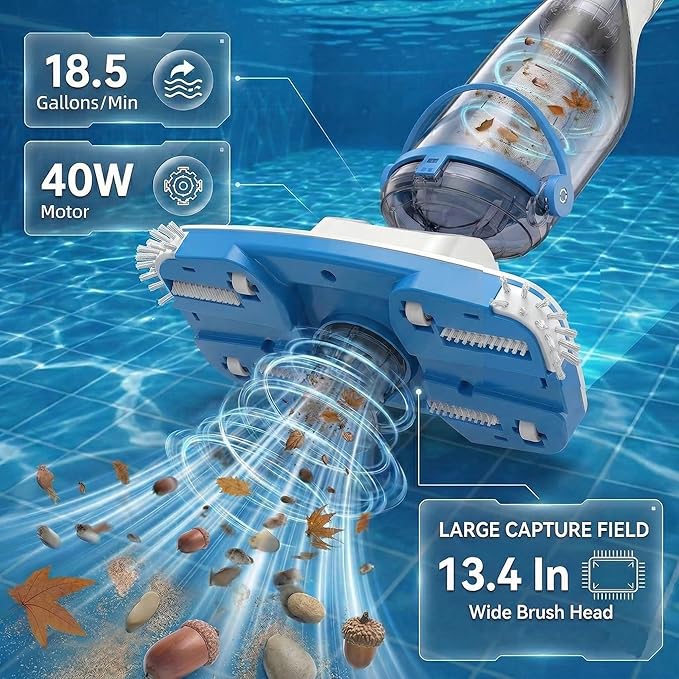 Consciot Pool Vacuum for Above Ground Pool & Inground Pool, Rechargeable Handheld Cleaner with Telescopic Pole,18.5 GPM Suction, 13.4" Head, 60-Min Runtime, for Spa & Hot Tub
