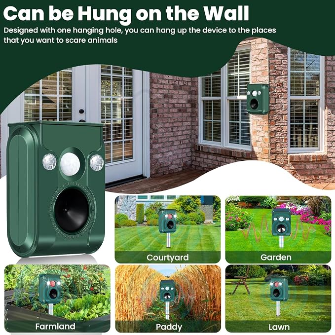 Cat Repellent Outdoor, Solar Ultrasonic Animal Repellent with Motion Detection, Waterproof Deer Repellent Device for Yard Garden Lawn, Effective Against Cat Dog Skunk Raccoon Squirrel