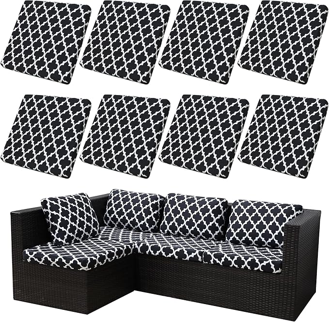 BIETYONE 8Pcs Stretch Patio Cushion Covers,Outdoor Couch Covers Replacement,Outdoor Couch & Sofa Slipcovers,for Patio Furniture Cushion Covers,Washable Reusable urniture Protector(Lingge Grey,8PCS)