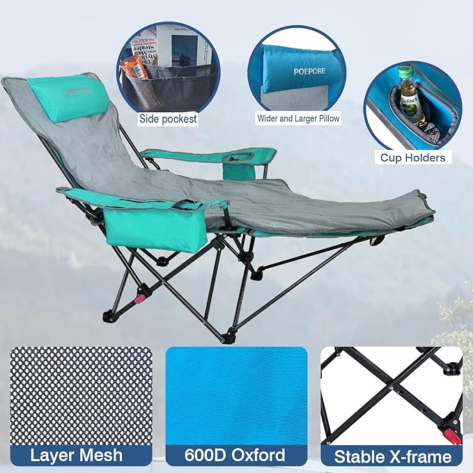 Reclining Camping Chair 4 Position with Foot Rest Comfortable for Adults 265Ibs Folding Lounger Mesh Beach Chair with Cooler Bag,Cotton Cushion and Cup Holder for Outdoor Patio