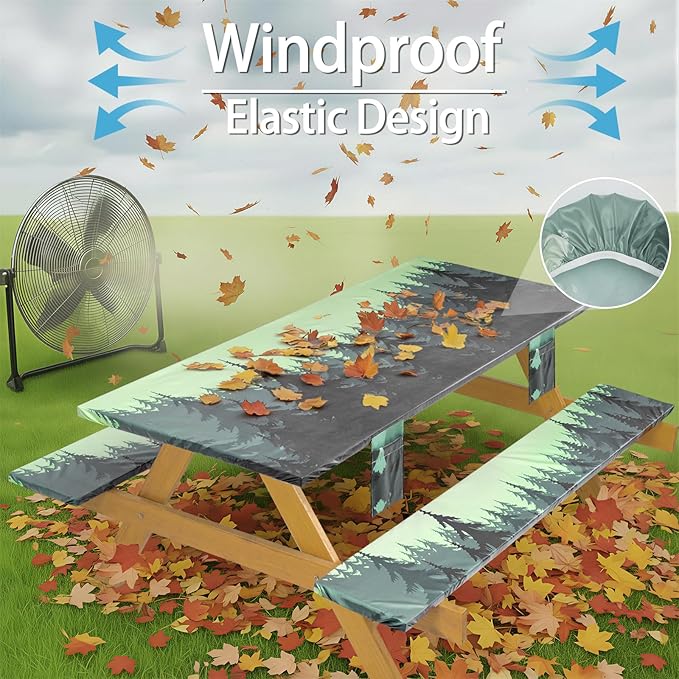 Fitted Waterproof Picnic Table Cover with Bench Covers Elastic Edges Camping Tablecloth for 6 Foot Rectangle Tables Camp Cooking Motorhome Hiking Equipment Car Rv Travel Trailer Needs Gifts
