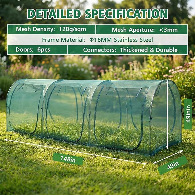 12.3'x4'x4' Crop Cage Portable Tunnel Plant Netting Cover Tomato Netting, 6 Roll-Up Zipper Door Garden Cage, Bug Netting Cover for Vegetables & Fruits, Durable Raised Garden Bed Covers