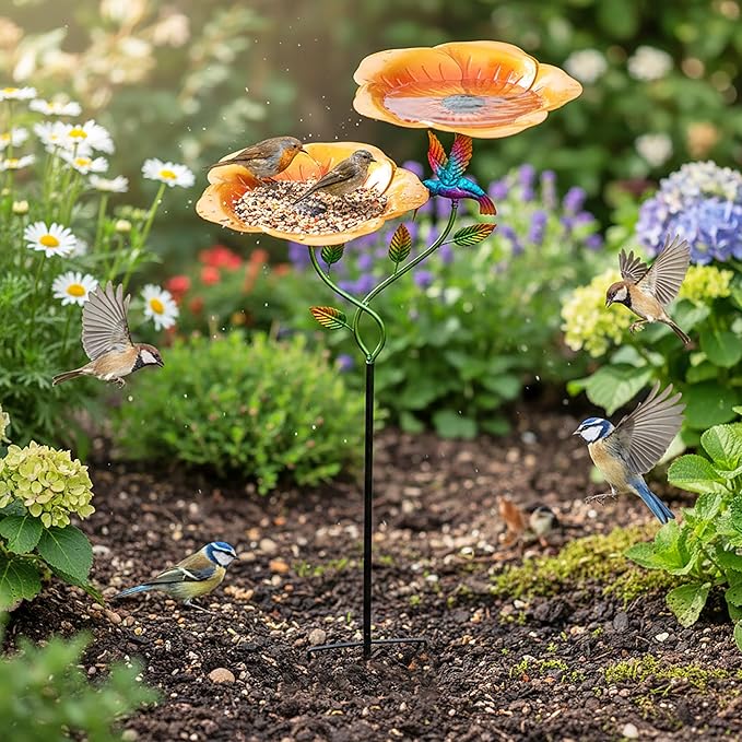 37.4 Inch Floral Metal Bird Bath for Outside - Standing Bird Feeder with Dual Flower Bowls Detachable Birdbath with Hummingbird Decor Metal Stake Base for Garden Yard Outdoor (Yellow)