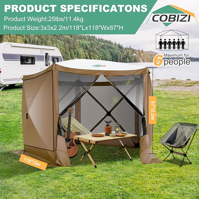 COBIZI 10x10 FT Pop up Gazebo, Popup Canopy Tent,Screened in Gazebos with sidewalls,Waterproof Portable Outdoor Small Screen Tents Sun Shelter,carpas para Patio for Camping,Garden,Backyard,Brown