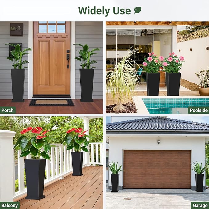 Metal Tall Outdoor Planters Set of 2, 24 inch Durable Tall Planters with Rust-Proof Coating & Drainage Insert Shelve & Trays, Black Outdoor Planters for Porch, Garden, Patio, Yard