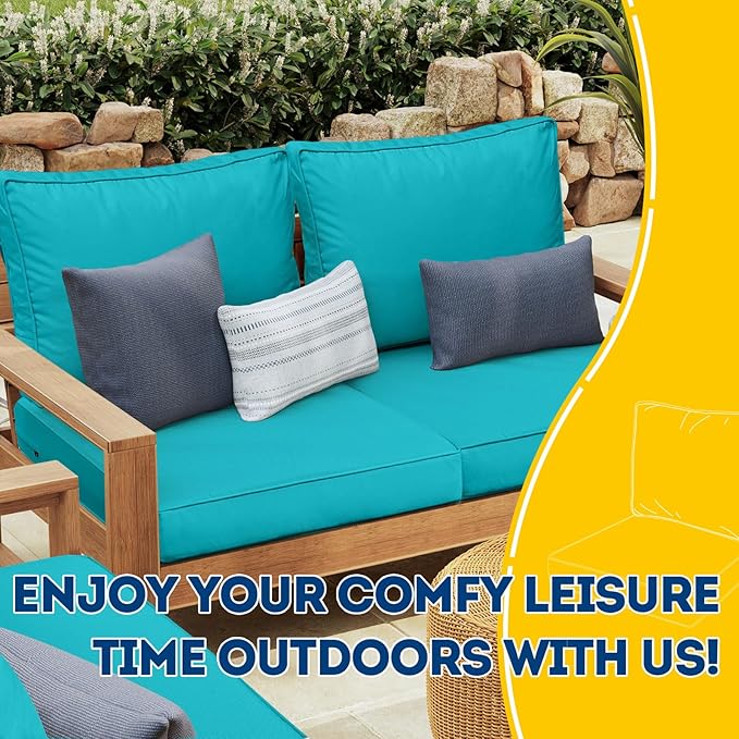 AAAAAcessories Outdoor Deep Seat Cushions with Double Welted Pillow, Waterproof, Fade-Resistant Patio Furniture Replacement Cushions, 25.5" x 25.5" x 5" + 25.5" x 19", Turquoise Blue