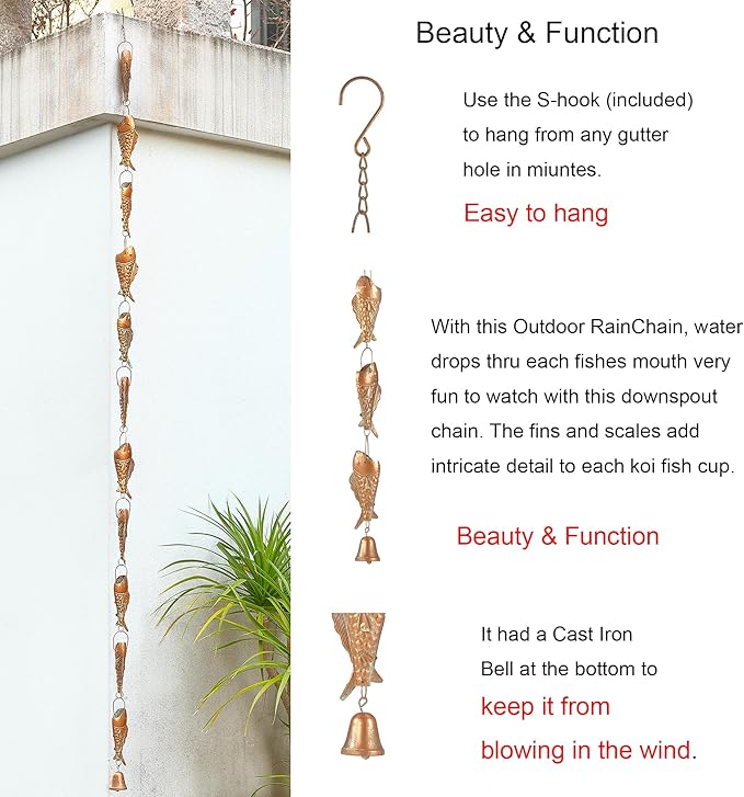 Copper Patina Rain Chain with Rainbow Trout for Heavy Rain, Functional and Decorative Replacement Downspout Chain for Outside, Rain Catcher Chain for Gutters, 8.5FT