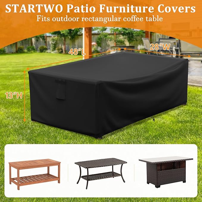 STARTWO Patio Furniture Covers Waterproof for Coffee Table Cover, Heavy Duty Durable Rectangular Outdoor Table Cover Fits up to 48L x 28Wx 13H inches, Black