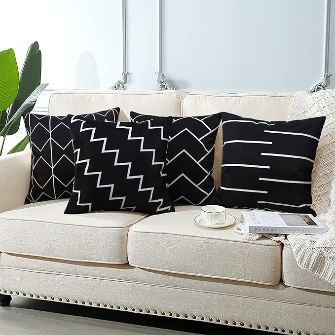 Adabana Outdoor Black Pillow Covers Set of 4 18 x 18 Boho Gemetric Decorative Throw Pillow Cover for Farmhouse Patio Couch Sofa Living Room Country