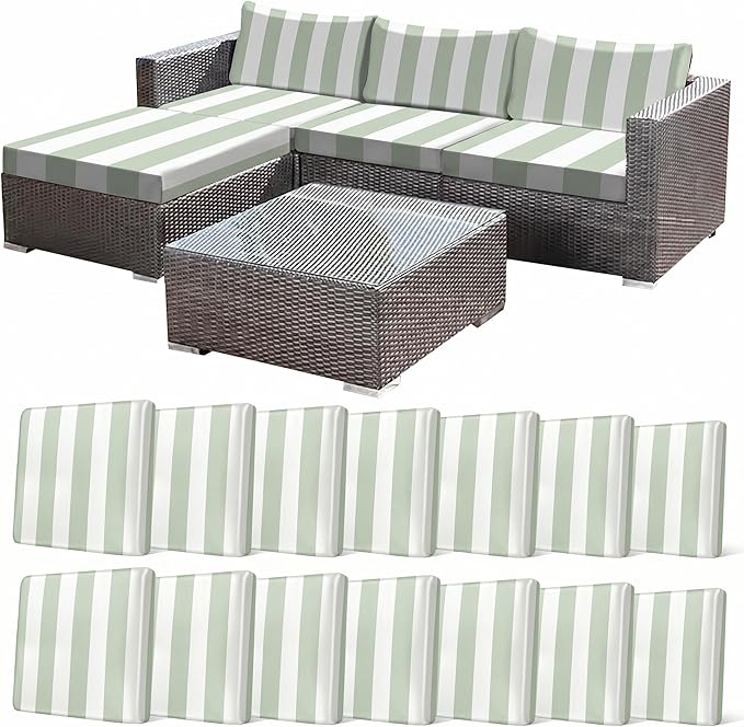 CALBODE 14 Pcs Outdoor Seat Cushion Covers, Green Striped Stretch Chair Seat Cover for Patio Furniture Cushions Washable Reusable Indoor and Outdoor Couch Cover Replacement (Grassy, Cover Only)