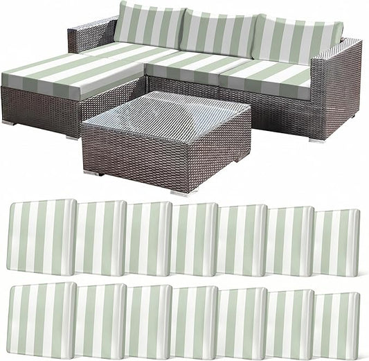 CALBODE 14 Pcs Outdoor Seat Cushion Covers, Green Striped Stretch Chair Seat Cover for Patio Furniture Cushions Washable Reusable Indoor and Outdoor Couch Cover Replacement (Grassy, Cover Only)