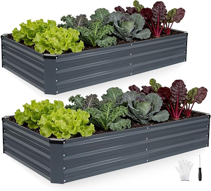 INNO STAGE Galvanized Raised Garden Bed Kits, 6x3x1ft Metal Raised Garden Beds Outdoor, Steel Raised Planter Bed with Gloves for Vegetables & Flowers Patio Ground Planter Box(Grey, 2PCS)