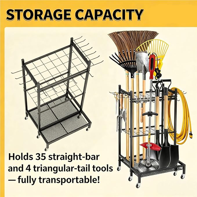 Garden Tool Organizer Rack with Wheels Up to 35 Tools, Heavy-Duty Steel Yard Tool Organizer for Garage Storage with 11 Hooks, Broom Holder & Garden Tool Rack for Shed, Patio, Lawn, Outdoor, Black