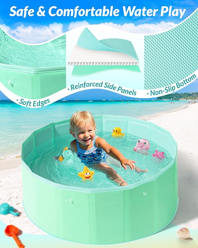 Hikiddy Foldable Kiddie Pool with Canopy: 31.5in/ 47in /63in for Baby Toddler Kids Family - Summer Water Play Pool with Shade - Portable for Outdoor Backyard Beach (Lemon & Mint, 31.5in)