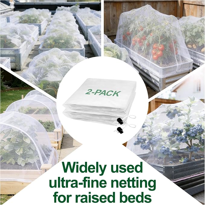 2 Pack Garden Netting for 4x2FT Raised Beds, Ultra-Fine Mesh Plant Covers with Drawstring, Bird, Pest & Small Animal Barrier for Vegetables, Fruits & Flowers