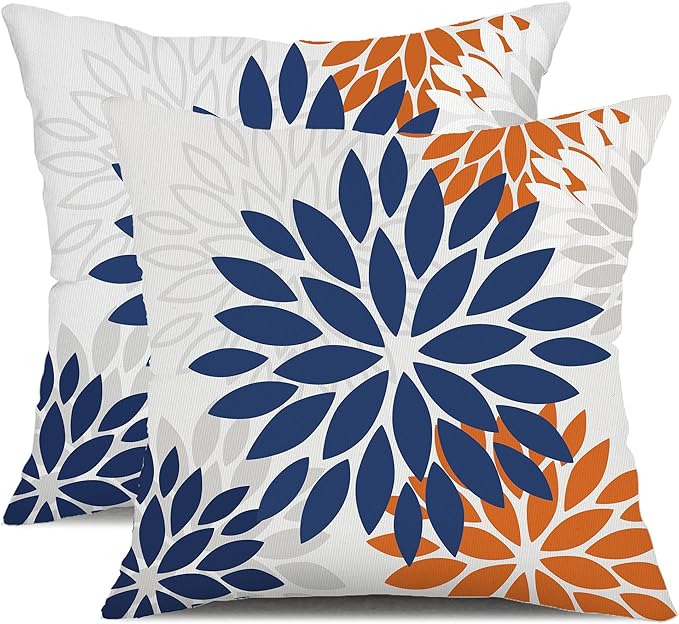 DFXSZ Blue Orange Outdoor Flower Pillow Covers 16x16 Inch Set of 2 White Colored Throw Pillows Outdoor Waterproof Decor for Living Room Sofa Patio Funiture Garden Floral Polyester pillow covers 002C16