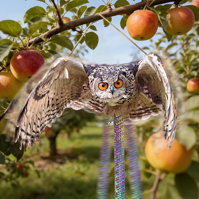 Fake Owl Hanging Outdoor Decoration, 3 Pack Flat Garden Owl with Reflective Tape and Bell to Scare Squirrel Pigeon Woodpecker from House Patio Yard Porch Window, Plastic Owl Scarer
