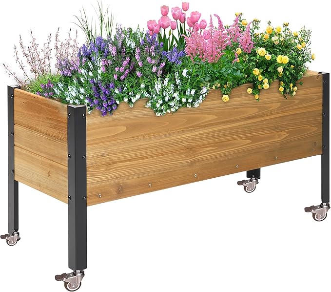 OIPRTGFJ Wood Rectangular Garden Planter Box with Wheel Raised Garden Bed Outdoor,Planters for Outdoor Plants 37 * 13 * 15 Elevated Planter Box for Herbs Vegetables Flowers Outdoor Patio Deck Balcony