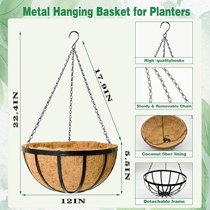 2 Pack 14 Inch Hanging Planters for Outdoor Plants Metal Hanging Planter Basket with Coco Coir Liner Round Plant Black Flat Iron Metal Flower Pots for Deck Patio Porch Garden Balcony