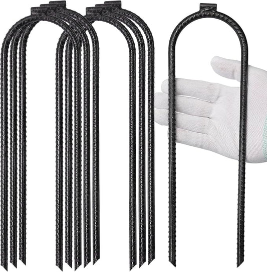12 Inch U Shaped Heavy Duty Trampoline Stakes 10 Pack, Black Anti Rust Coated Rebar Flat Welded Head, High Wind Securing for Trampolines, Tents, Fences, Garden