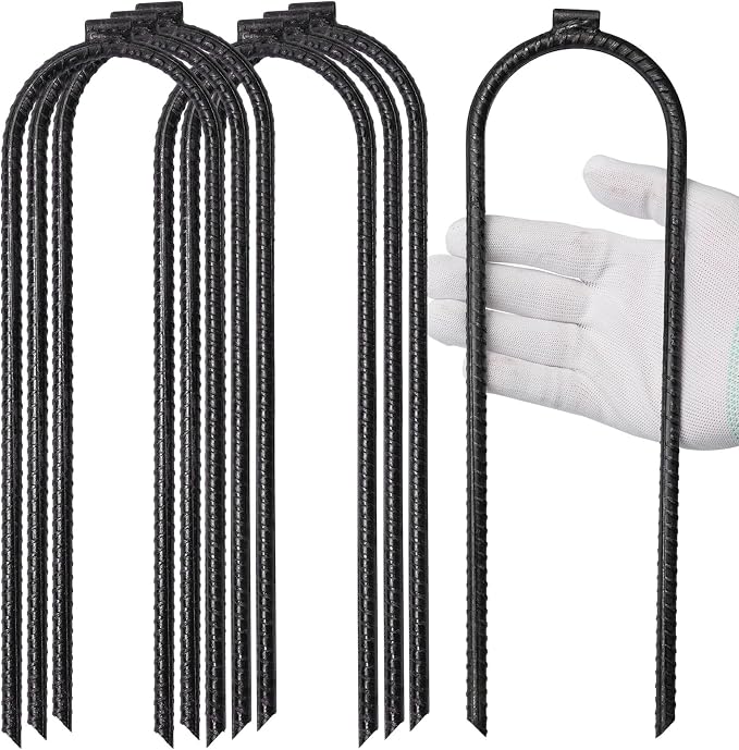 12 Inch U Shaped Heavy Duty Trampoline Stakes 16 Pack, Black Anti Rust Coated Rebar Flat Welded Head, High Wind Securing for Trampolines, Tents, Fences, Garden