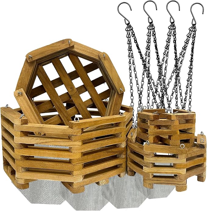 Teak Orchid Hanging Basket Set (4 Pack) – Solid Teak Wood Orchid Planters – Handmade Hanging Baskets for Vanda Orchids & Air Plants (Octagon)