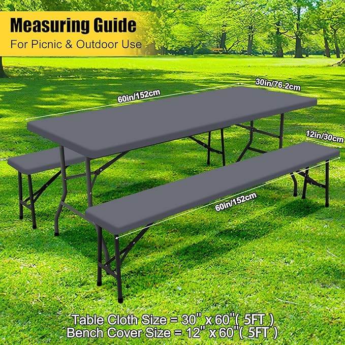 Smiry Picnic Table Cover with Bench Covers, Waterproof Elastic Fitted Polyester Tablecloths for 5 Ft Rectangle Tables, Washable Windproof Tablecloth for Camping, RV & Outdoor (Grey, 30x60 Inches)