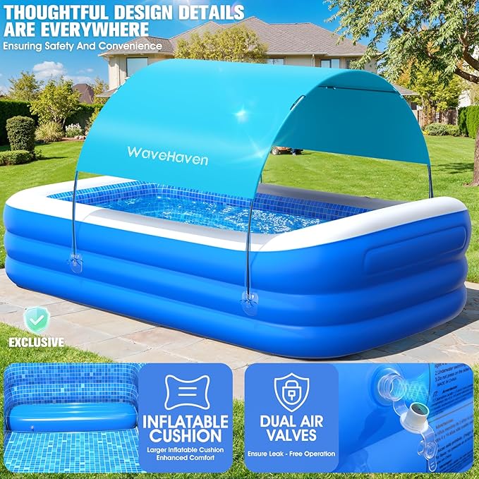 2026 Inflatable Pool with Canopy,Upgraded Blow Up Pool for Adults&Kids,Large Inflatable Pool with Seat and Big Backrest,Kiddie Pool with Shade,Kid Swimming Pool for Backyard 110"x63"x20"Cyan